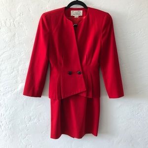 80's Vintage Red Wool Christian Dior Skirt and Blazer Suit Set